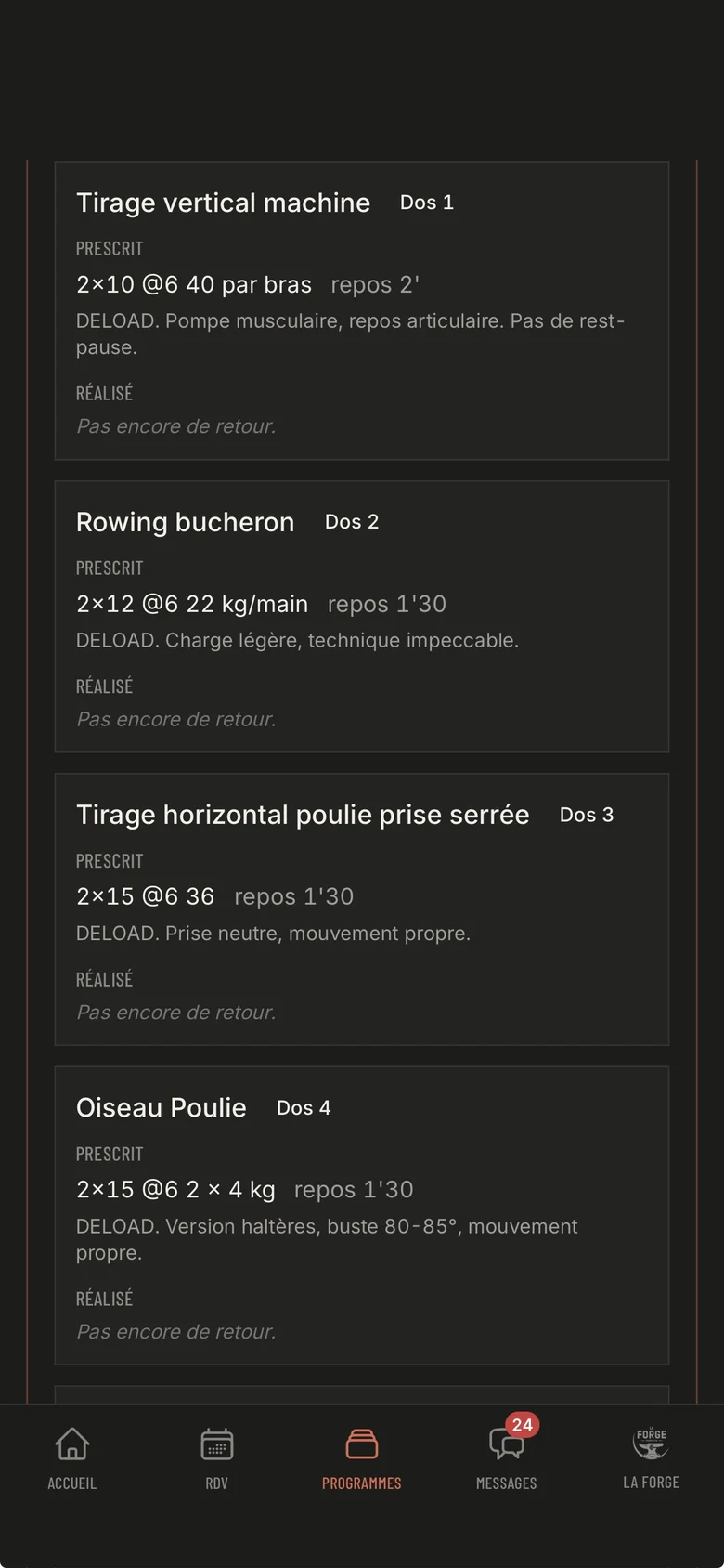 Séance dans l'app La Forge : chaque exercice avec ses séries, ses répétitions, le RPE, la charge, le repos et la consigne du coach