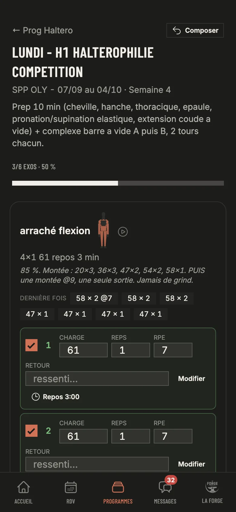 Séance du jour dans l'app La Forge : arraché, charges, répétitions et RPE saisis série par série