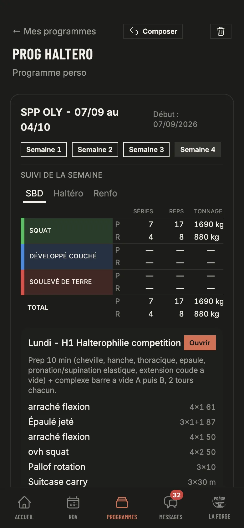 Suivi de la semaine dans l'app La Forge : séries, répétitions et tonnage, prévus et réalisés